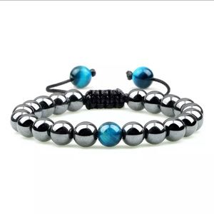 Mens Hematite Blue Tigers Eye bracelet beaded crystal bracelet